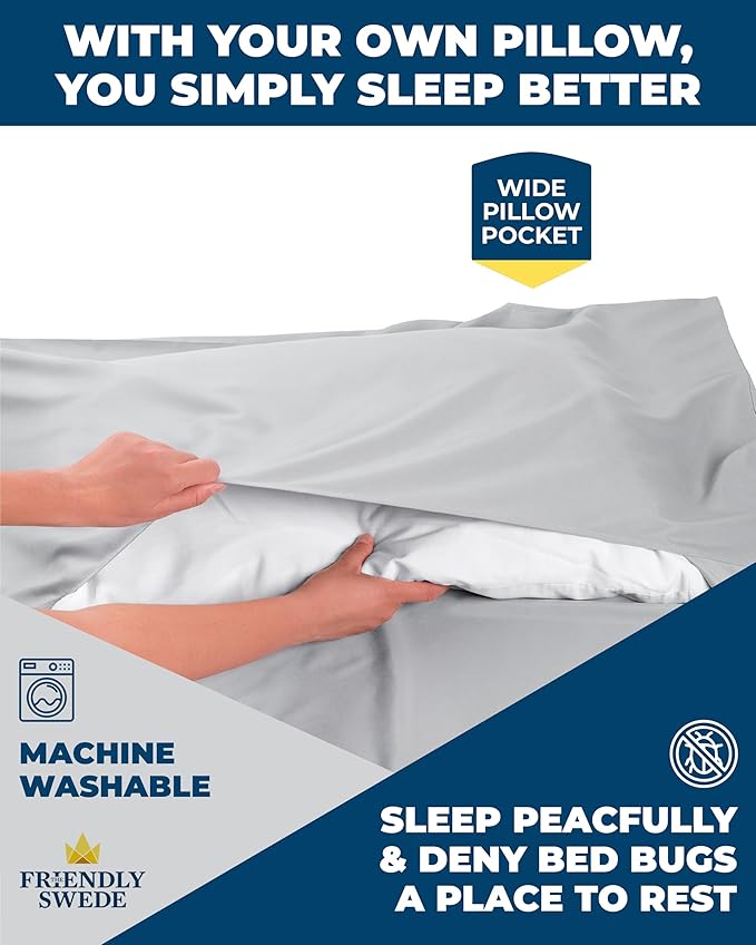 The Friendly Swede Sleeping Bag Liner - Cold Weather Camping Sheets & Adult Sleep Sack with Full Length Zipper; Microfiber Soft Travel Sheets for Hotel with Stuff Sack - Grey (Zipper)