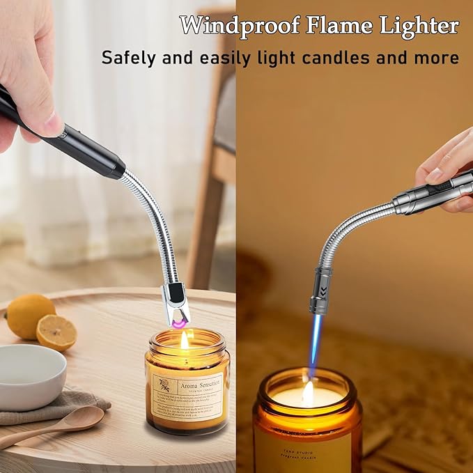 Candle Lighter, 2 Pack Set Flexible Neck Refillable Butane Torch Lighter and Electric Arc Lighter, USB Rechargeable with Battery Display, Jet Flame Windproof for BBQ, Camping, Safe & Versatile