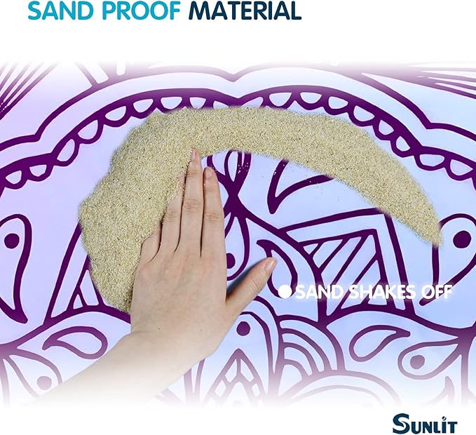 Sunlit Silky Soft 85"x72" Boho Sand Proof Beach Blanket Sand Proof Mat with Corner Pockets and Mesh Bag for Beach Party, Travel, Camping and Outdoor Music Festival, Purple Lines Pink Mandala