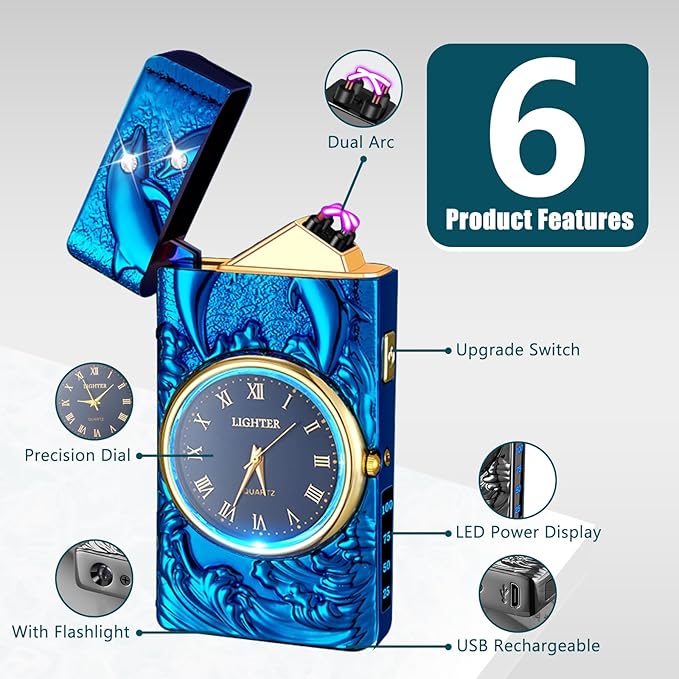 Electric Candle Lighter USB Rechargeable Lighter Plasma Arc Lighter Unique Cool Electronic Lighter with Clock Dial for Outdoor Grill, BBQ, Cooking (Blue Dolphin)