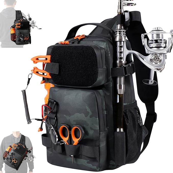NEW VIEW Fishing Sling Bag, Waterproof Sling Pack with Rod Holder, Versatile Storage Fly Fishing Bags for Men, Small Shoulder Pack for Streams & Rivers