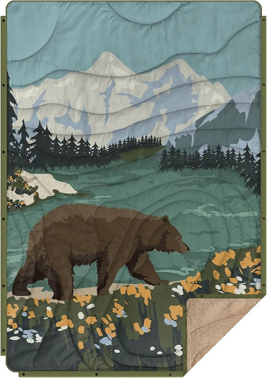 Outdoor Camping Blanket with Sherpa Lining, Extra Warm Thick Camp Blankets & Puffy Ultralight Soft Poncho DWR Camping Quilt for Cold Weather, Adventure,Sleeping,Backpacking 56"x 40"