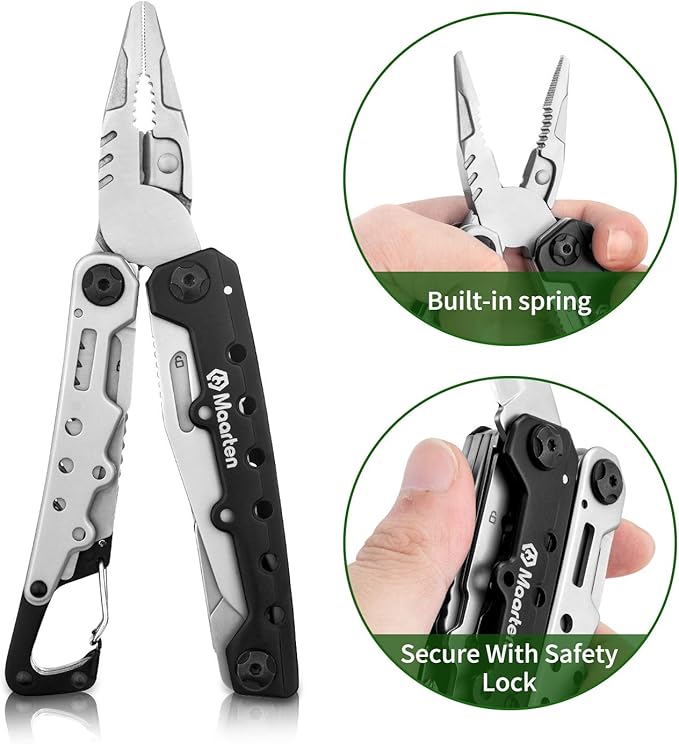Maarten Multitool, 11 in 1 Hard Stainless Steel Multitool Pliers with Safety Locking, Camping Multi Tool Gifts for Men, Multi-pliers with Folding Saw, Bottle Opener, Screwdriver, Sickle, Nylon Sheath