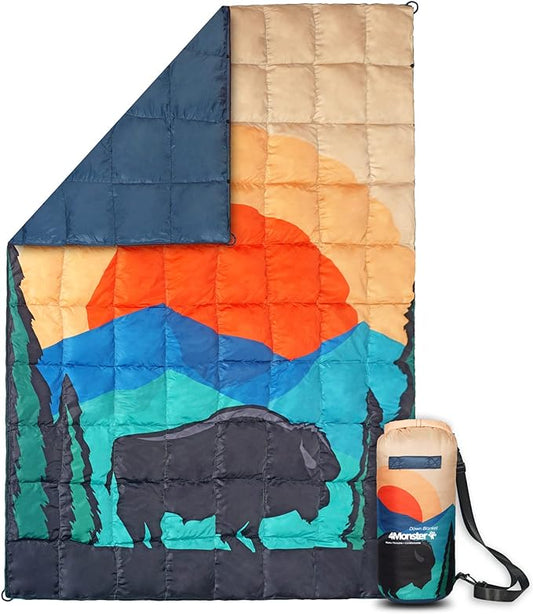 4Monster Down Camping Blanket - Outdoor Travel Quilt Puffy 650 Fill, Packable, Lightweight,Wind & Waterproof | Ideal for Stadium, Backpacking,Picnics, Beach and Hiking