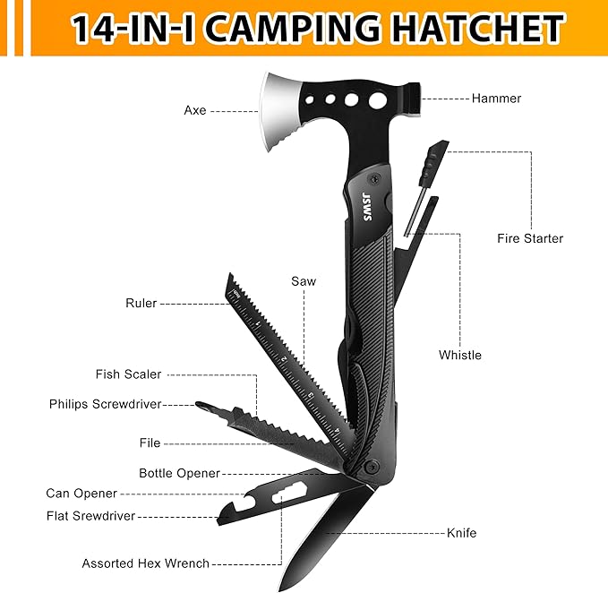 Multitool Axe Hammer 14-in-1 Portable Hatchet with 3.15'' Knife Blade Bottle & Can Opener Screwdriver Saw Christmas Gifts for Men Dad Husband Boyfriend Perfect for Camping Fishing Survival