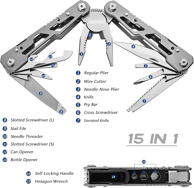 Multitool, 15-in-1 Stainless Steel Multi Tool, Folding Pocket Plier with Nylon Sheath, Perfect for Outdoor, Survival, Camping, Hiking, Simple Repair, Gift for Men, Dad, Husband
