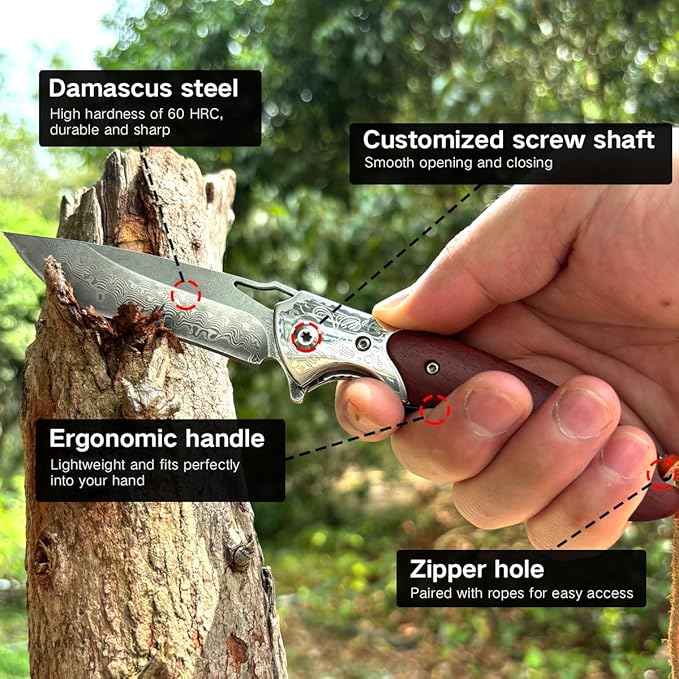 Damascus Pocket Knife with Clipand Leather Sheath, Folding Knife with VG10 Damascus Steel Blade,Wooden Handle, Foldable EDC Knife for Outdoor Survival