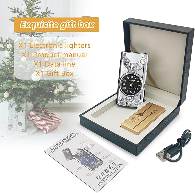 Plasma Lighter USB Rechargeable Electric Lighter Windproof Arc Lighter with Clock dial time Display Cool Lighter for Men(Silver)