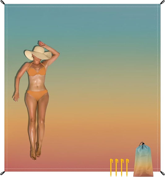 Extra Large Beach Blanket Waterproof Sandproof, Polyester Oversized Beach Mat for 8 Adults w/Stakes and Sand Pocket, Quick Drying & Lightweight Picnic Blanket Beach Essential Accessory Must Haves