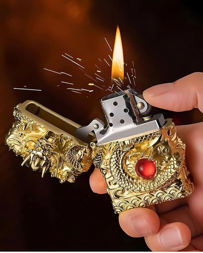 Dragon Lighter Premium Kerosene Soft Flame Lighter with Adjustable Flame, Refillable, Windproof and Pocket Size for Outdoor Camping, Travel, and Household Use (Gold)
