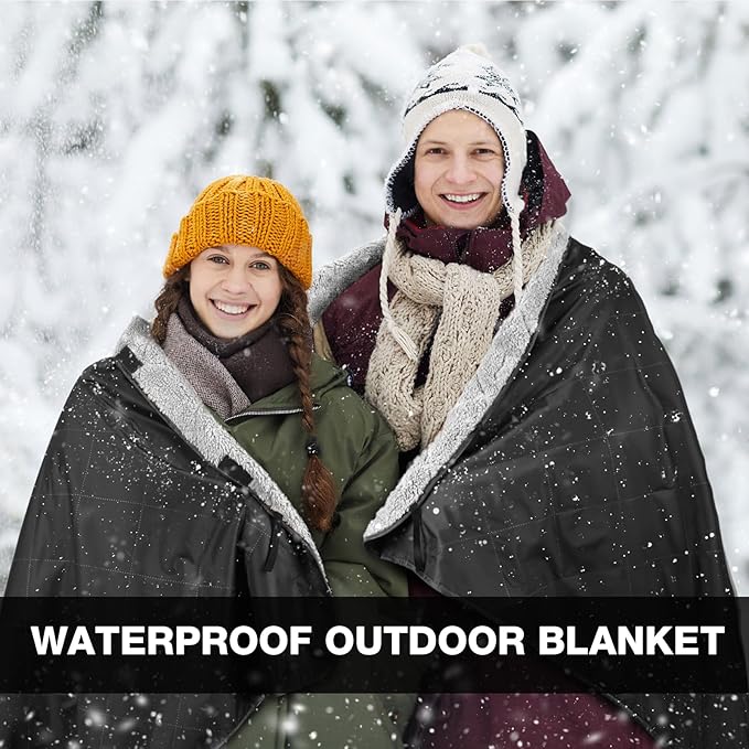 DUKUSEEK Sherpa Waterproof Camping Blanket with Hood - Warm Large Fleece Outdoor Stadium Blanket for Car, Boat, Picnic, Outdoor Sporting Events, Windproof Sports Blankets for Cold Weather