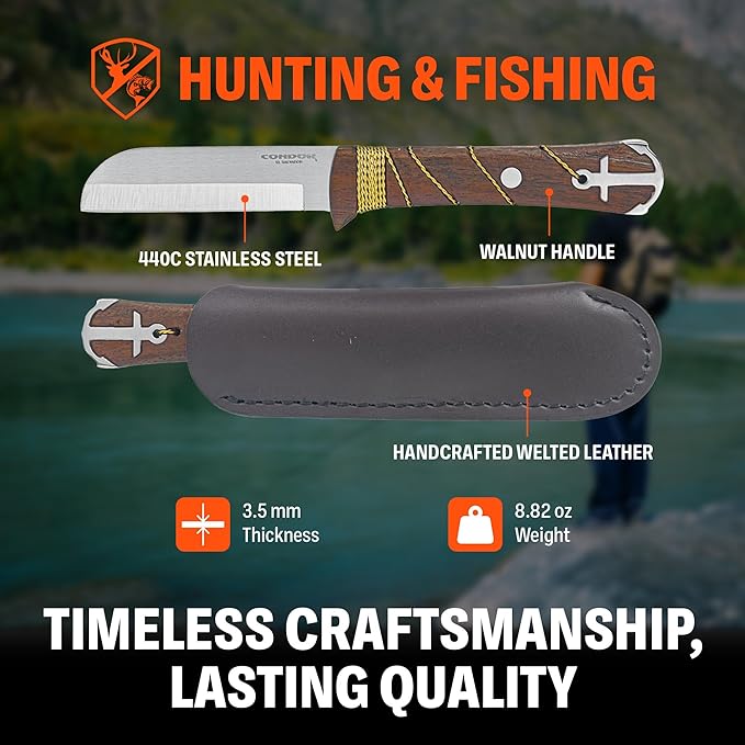 Condor Tool & Knife Ocean Raider Knife | Fixed Blade Hunting Knife | Stainless Steel Full Tang Knife with a Walnut Handle and Hand Crafted Welted Leather Sheath | 3.77 in Blade | 8.82oz (3.5mm Thick)