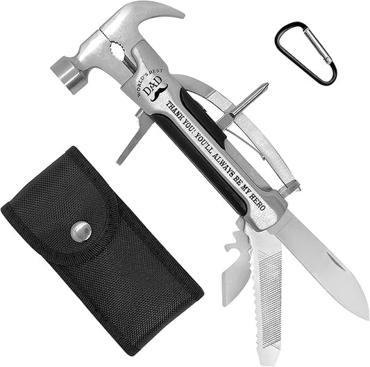 Gadget Gift for Dad - All in one Stainless Steel Hammer Multitool with case and clip. Great Gadgets for mens stocking stuffer for home or car
