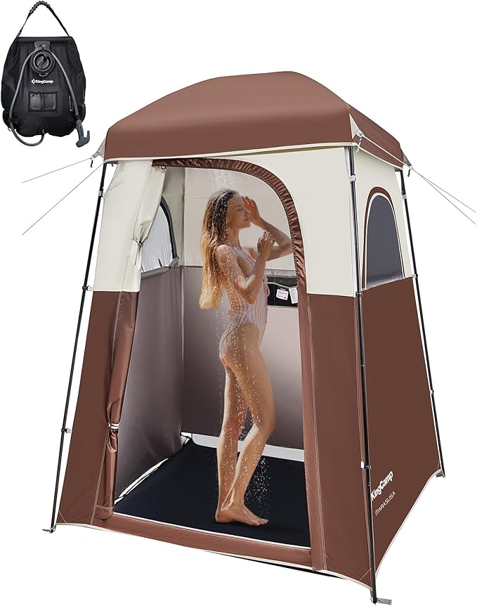 KingCamp Camping Shower Tent, Portable Outdoor Privacy Toilet & Changing Tent Windproof & Waterproof Easy Setup 1 or 2 Room Shelter with Shower Bag for Camping Hiking Beach