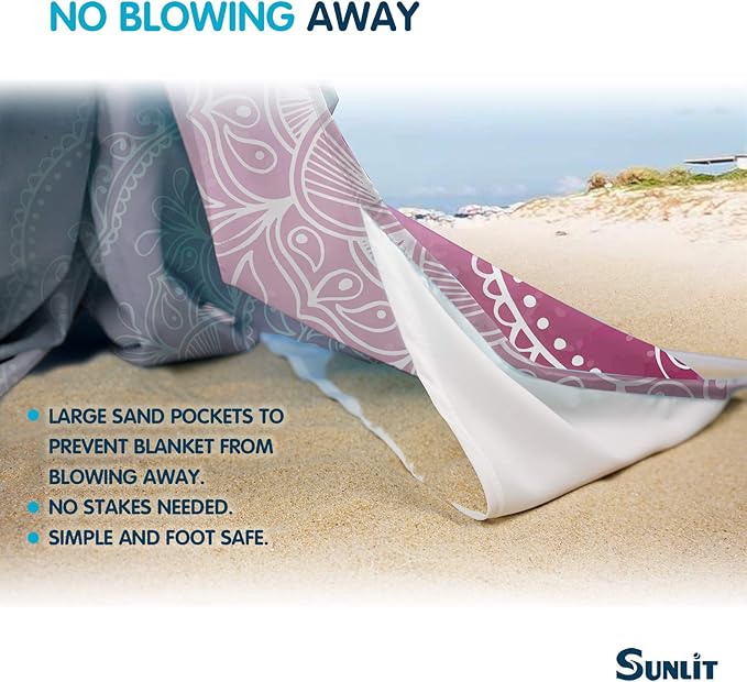 Sunlit Silky Soft 106"x81" Boho Sand Proof Beach Blanket Sand Proof Mat with Corner Pockets and Mesh Bag for Beach Party, Travel, Camping and Outdoor Music Festival, Orange Purple Mandala