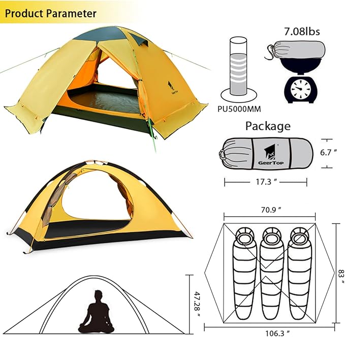 GEERTOP Ultralight 2 Person Backpacking Tent 4 Season Waterproof Camping Tent Double Layer Cold Weather Easy Set Up Tents for Family Camp, Hiking, Hunting Outdoor Mountaineering Travel