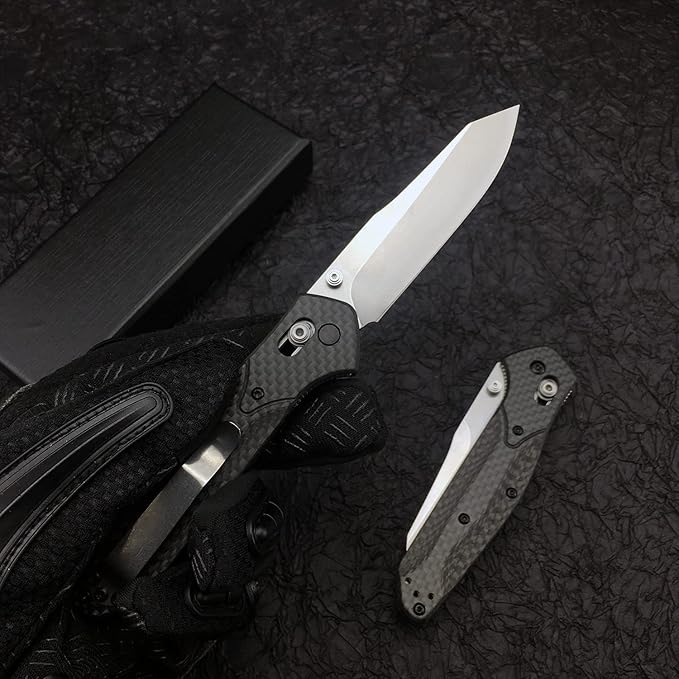 HUAAO 7.7in EDC Pocket Knife, 3.6in Reverse Tanto Blade with Thumb Stud, Plain Edge D2 Steel, Black Carbon Fiber Handle with Belt Clip Axis Lock Mechanism for Outdoor Camping