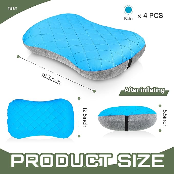 Soaoo 4 Pcs Camping Pillow with Removable Cover Inflatable Pillow Lightweight Backpacking Pillow Neck Lumbar Support Pillow Blow up Pillow with Storage Bags for Air Travel Sleeping Seat Hiking (Blue)