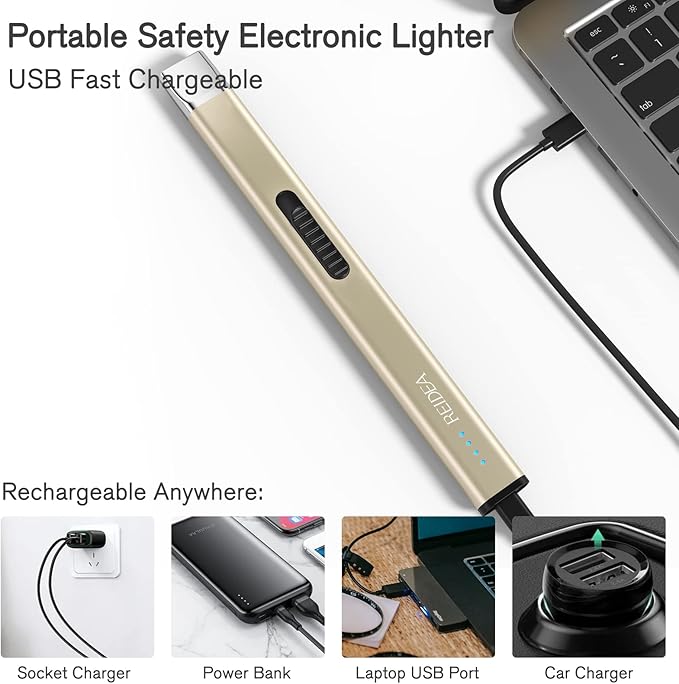 REIDEA Electric Lighter Candle Lighter, Retractable Top Windproof Flameless USB Rechargeable Arc Lighter with Safe Button and Power Indicator for Candle, BBQ and Fireworks, R1 Flat, Champagne Gold