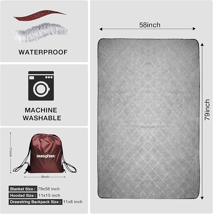 DUKUSEEK Outdoors Waterproof Throw Blanket with Hood, 79”x 59” Sherpa Fleece Stadium Windproof Blankets for Boat, Traveling, Camping, Football, Dogs, Outdoor Sporting Events-Machine Washable