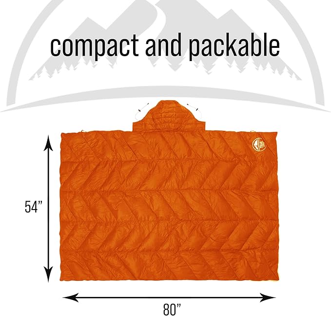 Luxurious Ultralight Down Camping Blanket | Perfect for Backpacking | Packable Puffy Outdoor Quilt with Hood & Pad Straps | Ideal for Travel Camping & Soccer Moms | 80x54 Orange