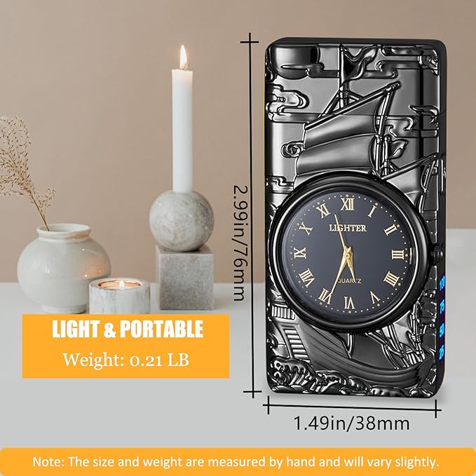 Cool Lighter with Clock Dial Electric Lighter with LED Power Display Plasma Lighter Windproof USB Rechargeable Lighter Gifts for Men Women (Sailboat-Black)