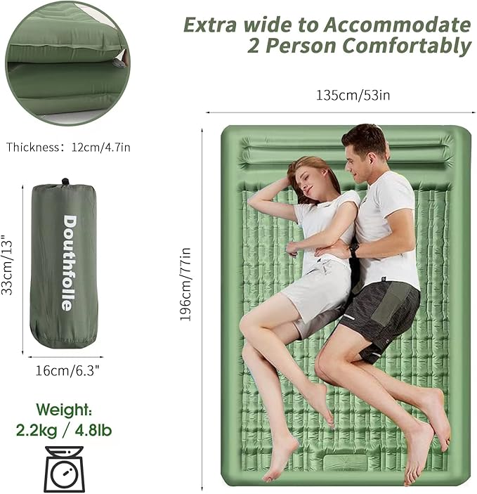 Double Camping Mat, 12cm Thicken Inflatable Double Camping Sleeping Pad for 2 Person Sleeping Mat with Built-in Foot Pump and Pillows for Backpacking,Hiking,Tent,Traveling