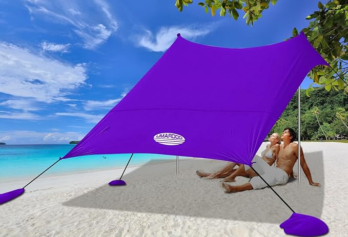 UMARDOO Family Beach Tent Canopy Sun Shade Portable 7×7FT, Large Wind Resistance Beach Sun Shelter Easy Setup with Packable Carry Bag for Outdoor Travel UPF 50+(Purple)