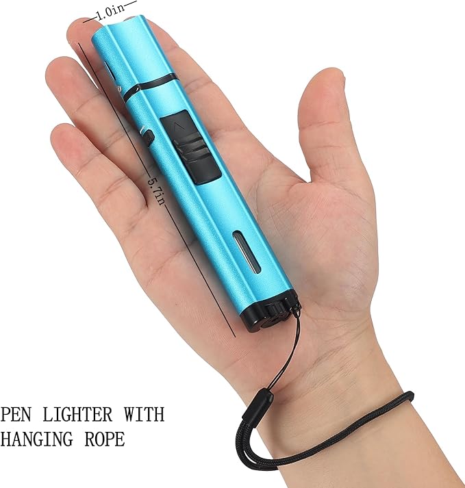 5.7in Butane Torch Lighter with Flame Locking & Safety Switch Function, Adjustable Double Jet Flame Long Stick Lighter, Refillable Windproof Pen Lighter. Blue(Sold Without Gas)