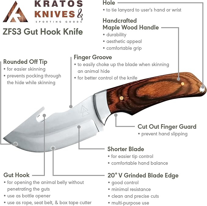 Hunting Knife with Gut Hook, 7.68" Gut Hook Hunting Knife with 440C Stainless Steel Outdoor Gut Hook Knives, Leather Sheath Included by Kratos - ZFS3