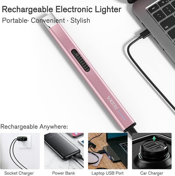 REIDEA Electric Lighter R1 Flat Candle Lighter, Windproof Flameless USB Rechargeable Arc Lighter with Safe Button and Power Indicator for Candle, BBQ and Fireworks, Rose Gold