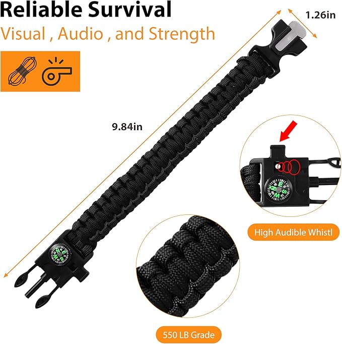 Bracelets,Survival Bracelets for Men Paracord Tactical 5-in-1 Camping Gear Kits,with 12-ft Detachable Parachute Rope,Fire Starter,Embedded Compass,Whistle&Emergency Multitools