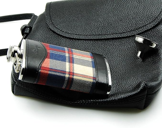 6oz Red Check and Black Leather Wrapped Hip Flask with a Funnel 18/8 Stainless Steel-YM113