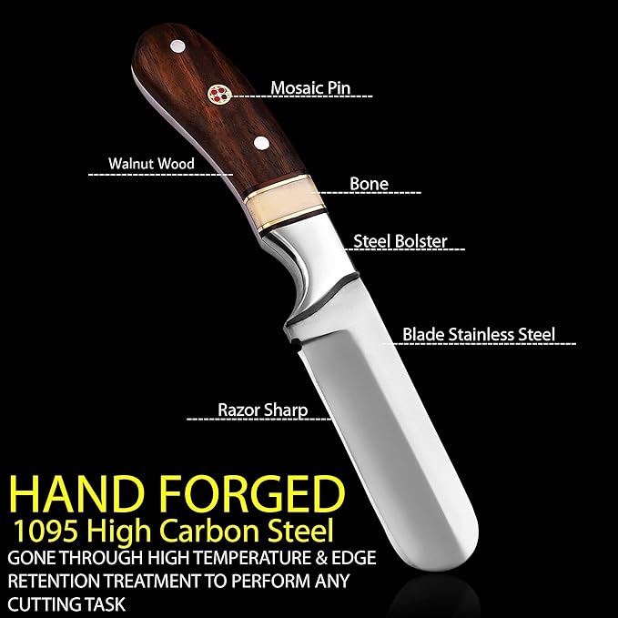 Handmade 1095 High Carbon Steel Bull Cutter Knife with Pancake Leather Sheath, Fixed Blade Cowboy Knife with walnut wood/Bone Handle, Utility Knife, EDC Hunting knife (Walnut Wood)