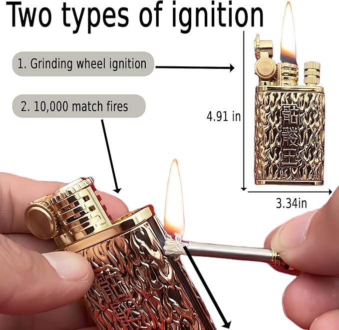 Cool Embossed Design Kerosene Wheel Lighter Refillable Eco-Friendly, Vintage Dazzling & Ultra-Cool, Unique for Men Candles Gift Camping BBQ (No Kerosene) (8#)