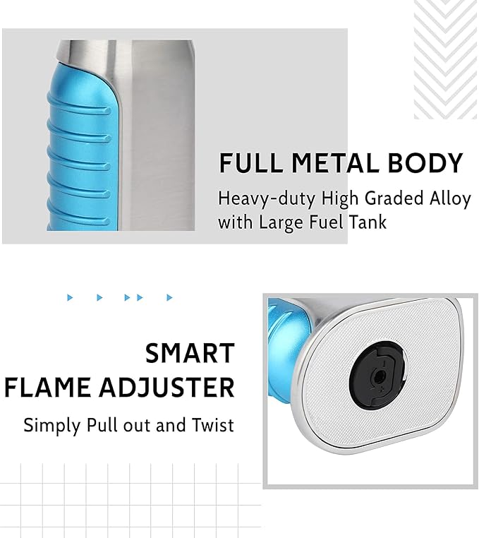 Torch Lighter, Quad 4 Jet Flame Windproof Butane Lighter with Safety Lock Adjustable Refillable Lighter for Kitchen Grill BBQ Candle Camping (Butane NOT Included) (Blue)