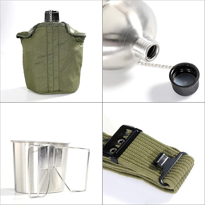 G.I. Army Stainless Steel Canteen Military with Cup and Green Nylon Cover Waist Belt for Camping Hiking Climbing (Cup with Foldable Butterfly Handle)