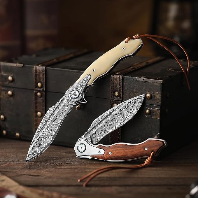 Lepus-02|4.09" Damascus Folding Knives & Pocket Knife for Men, EDC Flipper Knife with Leather Holster,Hand Polished OX Bone Scale,Collections, Gift Box