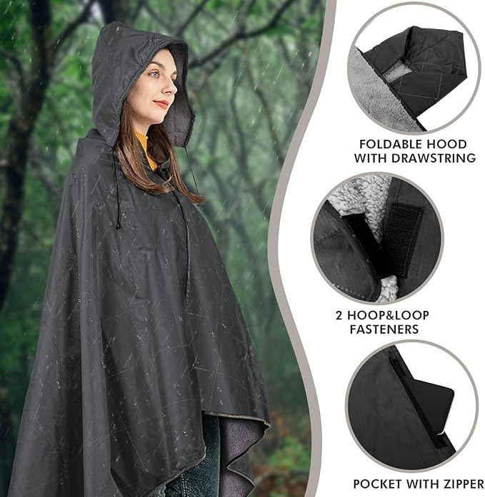 DUKUSEEK Sherpa Waterproof Camping Blanket with Hood - Warm Large Fleece Outdoor Stadium Blanket for Car, Boat, Picnic, Outdoor Sporting Events, Windproof Sports Blankets for Cold Weather