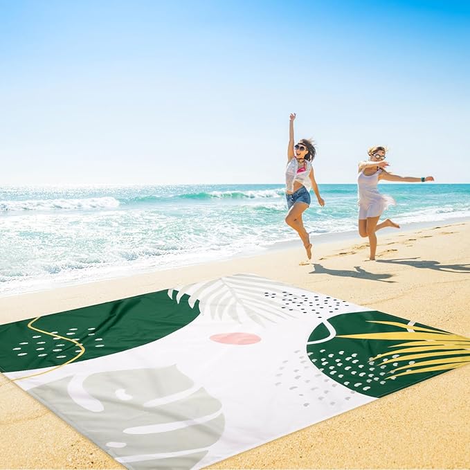 Beach Blanket Waterproof Sandproof Oversized, 110''×118'' Extra Large Beach Mat Sand Free, Lightweight Compact Folable Green Pinic Blanket w/ 4 Stakes & Pockets for Camping, Travel, Beach Accessories