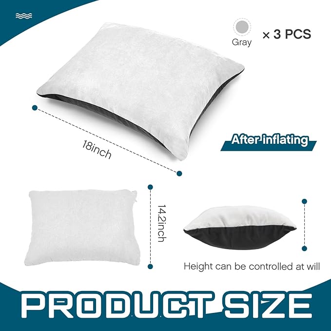 Soaoo 3 Pcs Camping Pillow Inflatable Compressible Memory Foam Foldable Travel Pillow Packable Pillow with Storage Bag for Adult Kid Backpacking Sleeping Traveling Hiking Car Essential Gear (Gray)
