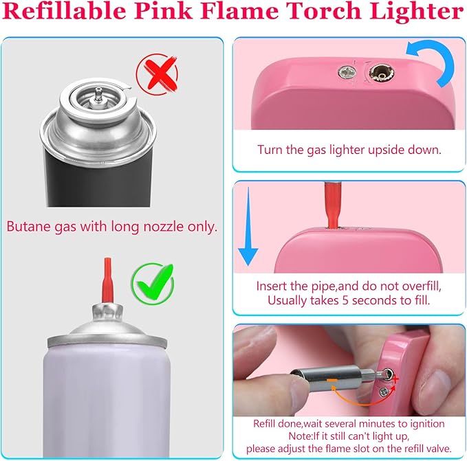 Pink Flame Torch Lighter, Cute Pink Lighter,Refillable Butane Lighter, Windproof torch Lighter for Outdoor Camping BBQ Candle,Nice Gift for Girls,Women on Birthday,Anniversary (1 Pack,without Butane)
