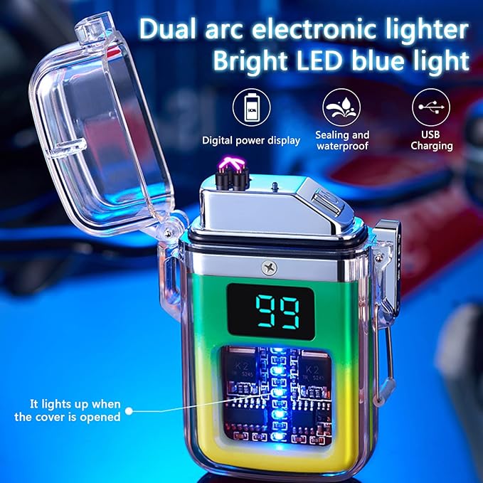 Electric Rechargeable Lighter Transparent Waterproof Dual Arc Plasma Lighter Type-C Rechargeable Lighter Outdoor Windproof Lighter for Outdoor,Camping,Candle and Survival(Yellow and Green)