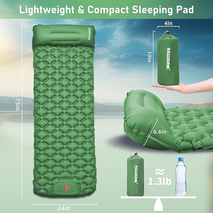Camping Sleeping Pad with Compass, Ultralight Inflatable Sleeping Mat with Pillow, Built-in Foot Pump, Portable Camping Air Mattress for Backpacking Hiking Traveling Tent(Green)
