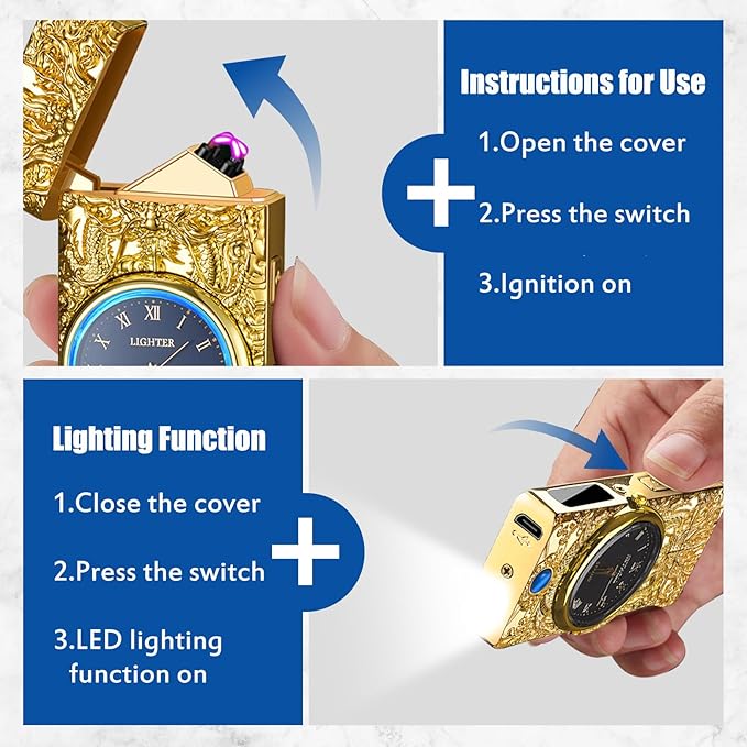 Cool Lighter with Clock Dial Electric Lighter with LED Power Display Plasma Lighter Windproof USB Rechargeable Lighter Gifts for Men Women(GoldDragon)
