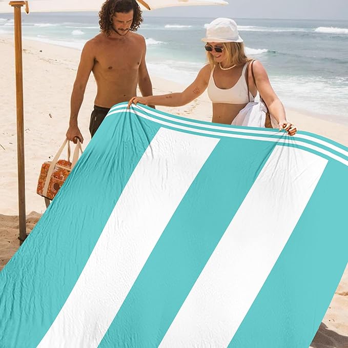 Stripe Beach Blanket Sandproof Waterproof, Extra Large 78"×86" Beach Mat for 1-4 Adults, Compact Lightweight Sand Free Picnic Mat Beach Essential Must Have-Blue&White Wide Stripes