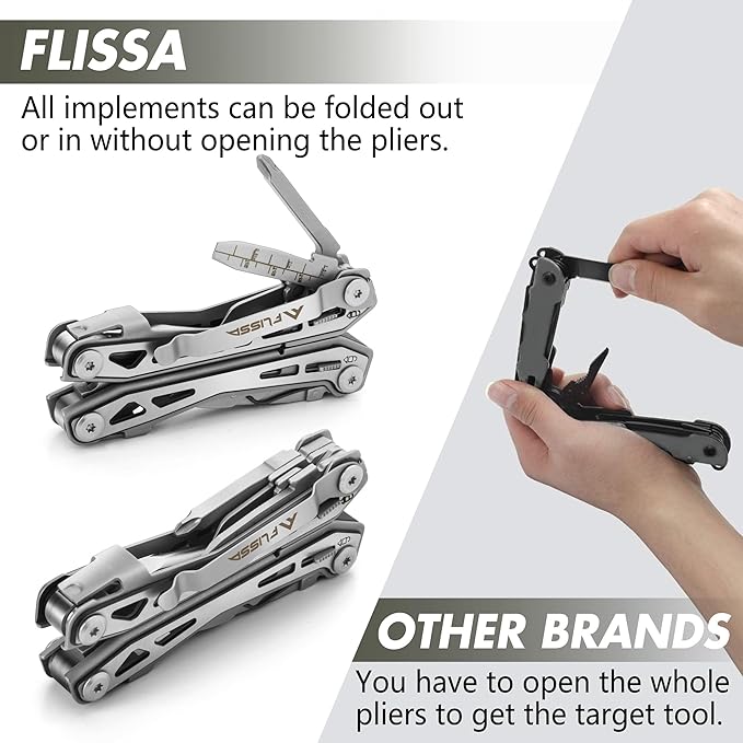 FLISSA 16-in-1 Stainless Steel Multi Tool, EDC Multitool with Pocket Knife, Pliers, Belt Clip and Oxford Sheath, Self-locking Utility Multi-Tool for Camping Survival Outdoor Activities