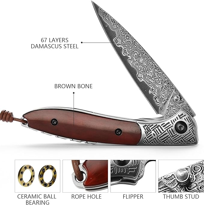 Handmade Damascus Steel Folding Pocket Knife,3.15in Blade Bone Handle Thumb Stud Opener Knives for Men EDC, Piscis Austrinus-02B