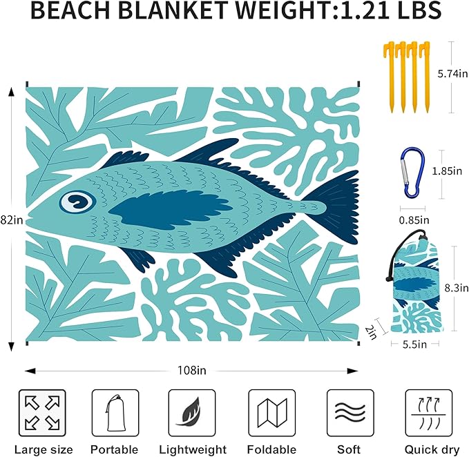 Large Beach Blanket Waterproof Sandproof 108"x 82" for 1-6 Adults,Quick Drying Beach Mat,Lightweight & Durable,Beach Essentials for Family Beach Camping Travel Picnic