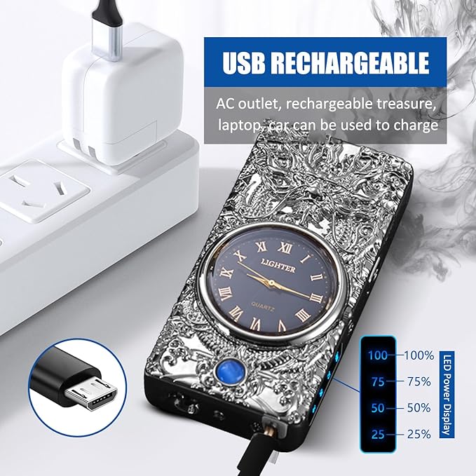 Cool Lighter with Clock Dial Electric Lighter with LED Power Display Plasma Lighter Windproof USB Rechargeable Lighter Gifts for Men Women(SilverDragon)